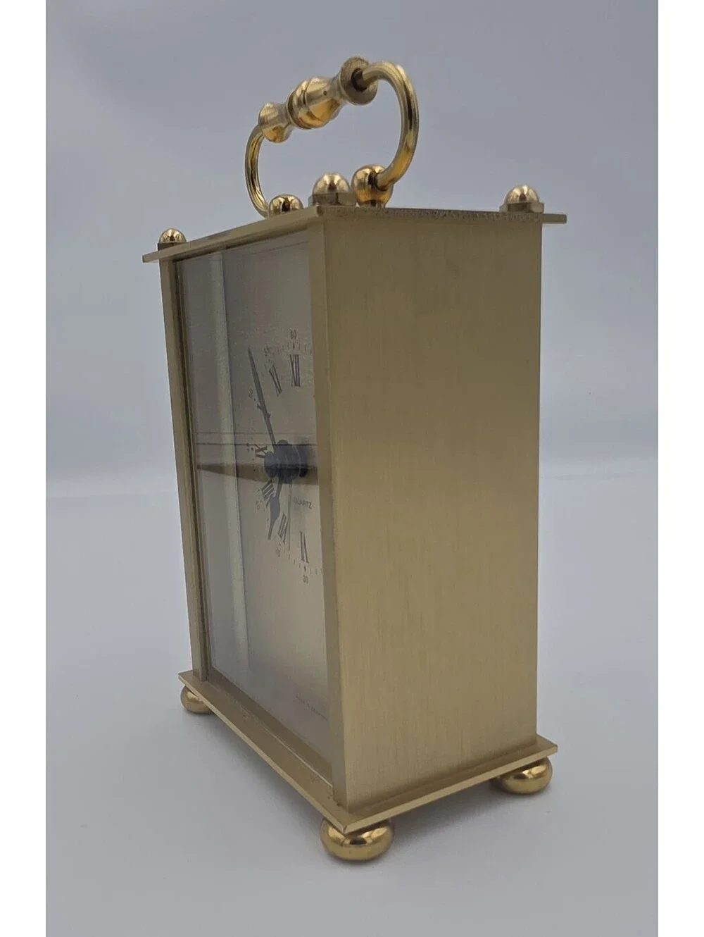 Vintage Gold Tone Quartz Carriage Mini Desk Clock with Roman Numerals